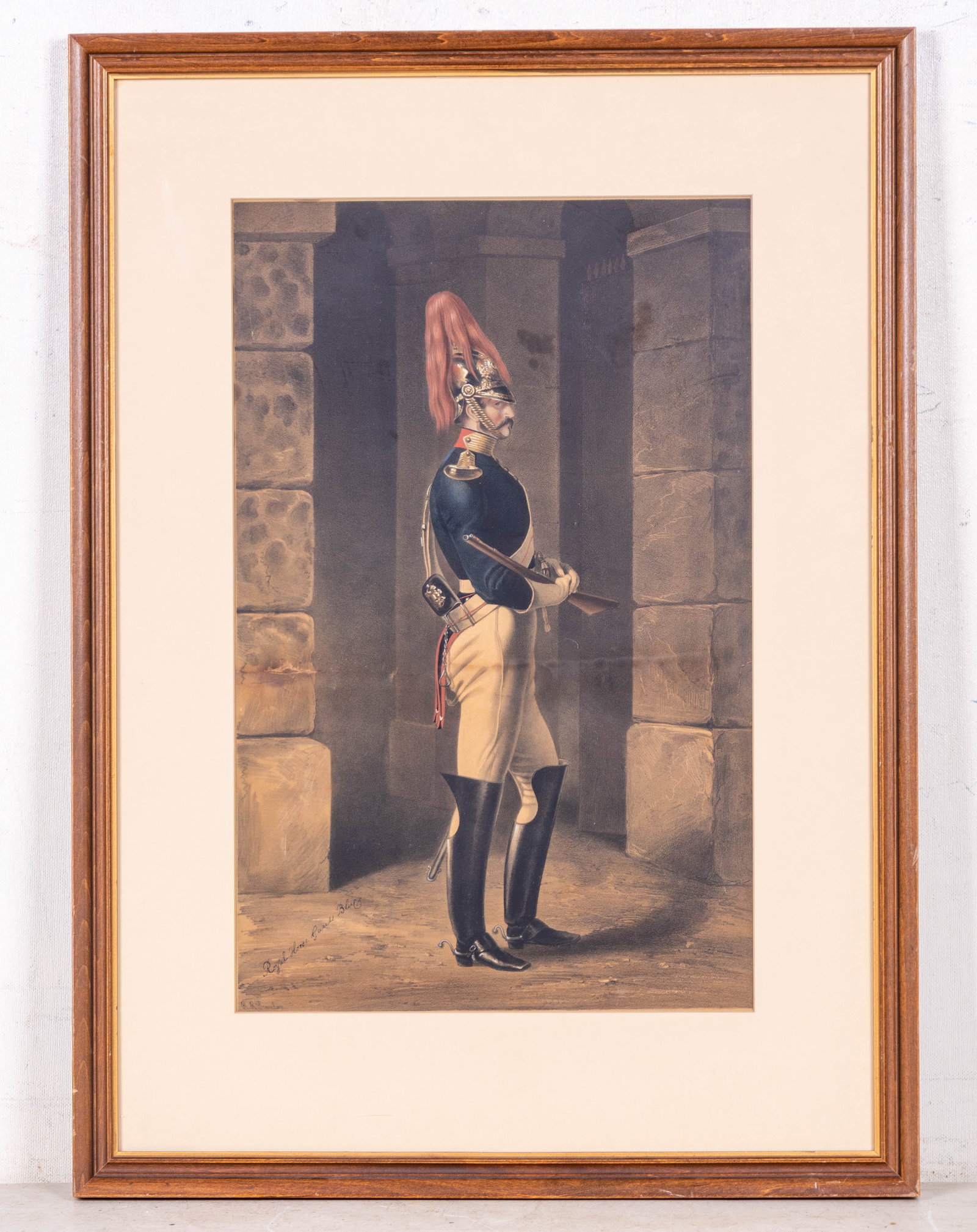 Royal Horse Guard Litho After RR Scanlan: Litho after Richard Robert Scanlan (UK 1801-1876) titled "Royal Horse Guards Blue" and signed in plate "RR Scanlan" LL. Visible art measures approx. 12" W x 19" H in wood frame (with minor wear) appro