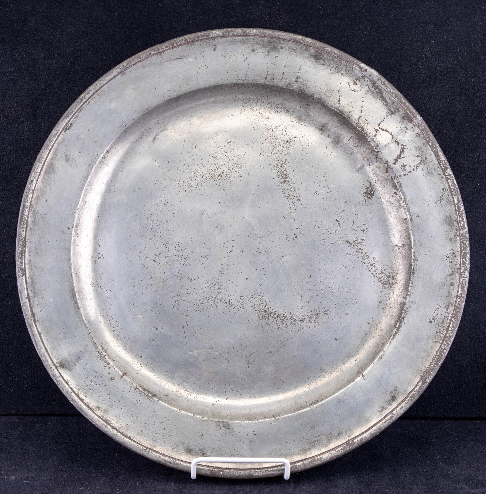 John Schlosser Silver Plated Copper Charger c 1840: An antique John Schlosser of York, PA silver plated copper charger, marked on the bottom, c. 1840, measures approx. 16.25" diam.