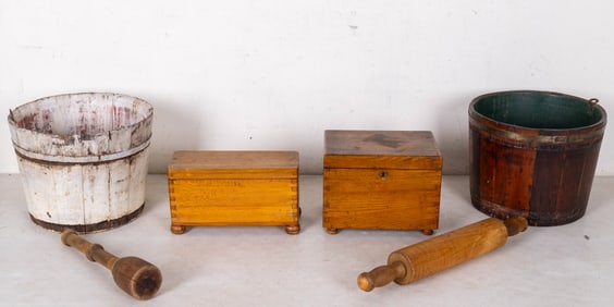 Tiger Maple Rolling Pin, Primitive Boxes, Buckets