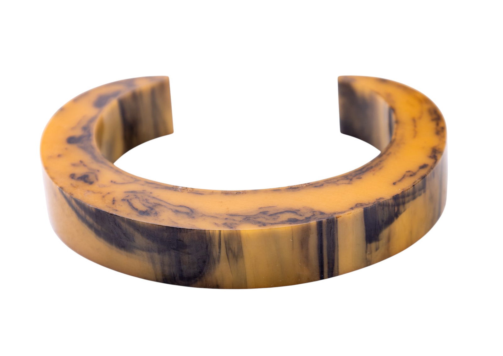 Bakelite Cuff Bracelet: Yellow marbled vintage bakelite cuff style bracelet, measures approx. 3" W x 2" L.