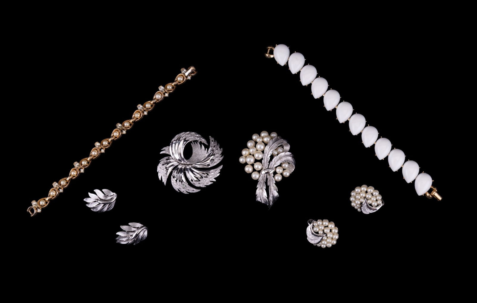 Vintage Trifari Jewelry: Includes two 3-piece Trifari Pin and Earring Sets, and two Trifari bracelets.