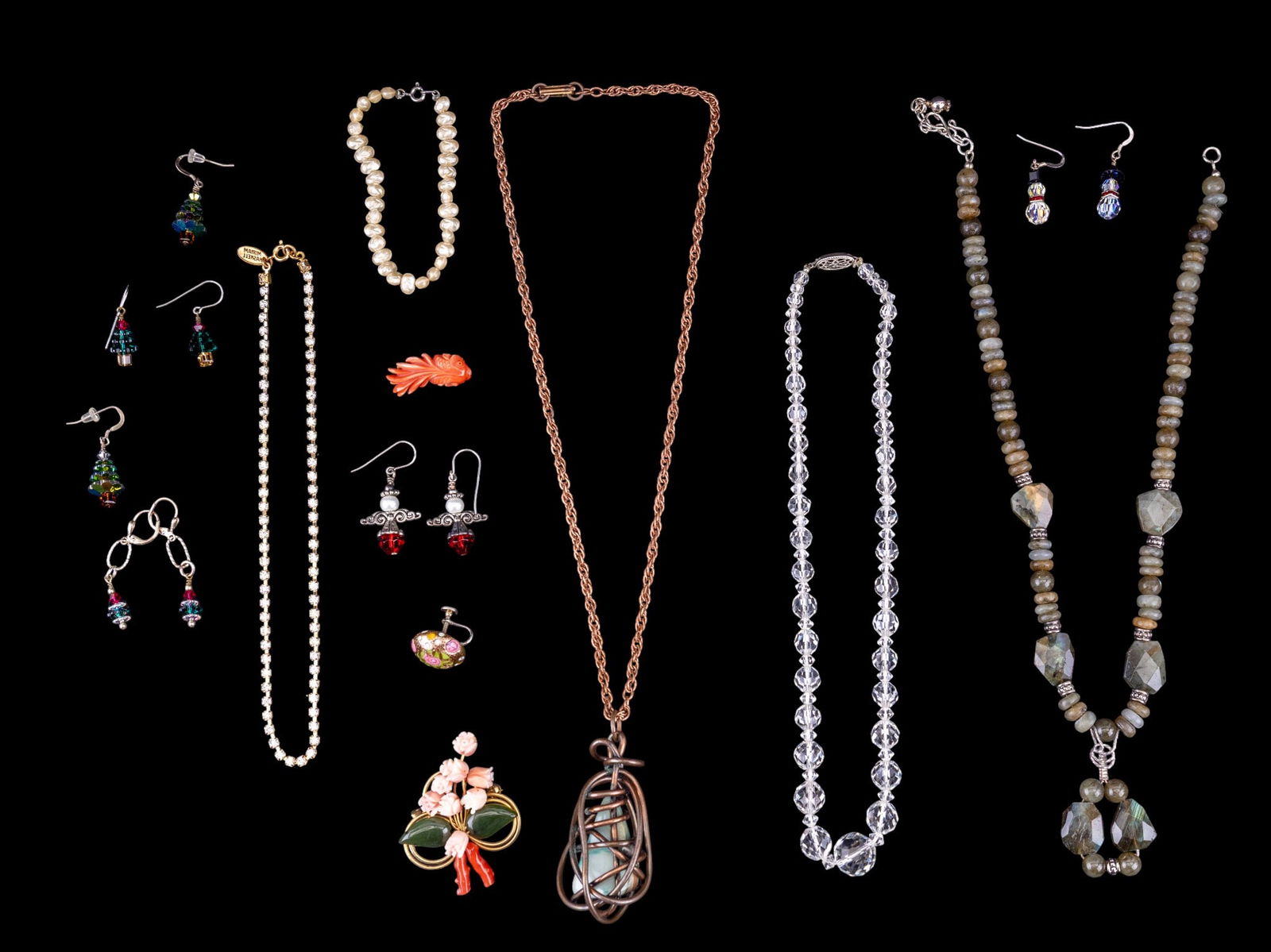 Vintage Beaded Jewelry: Several stone and crystal beaded necklaces and earrings, a vintage copper necklace with "caged" turquoise, coral brooch, and more.