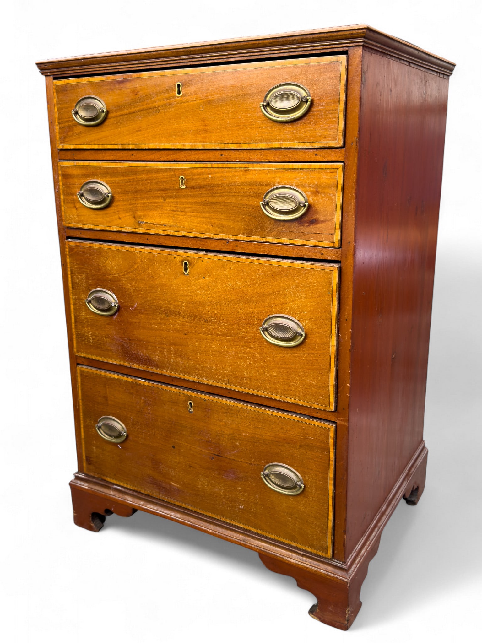 Antique English Gentleman's Chest: 19th century, English Gentleman's Chest / narrow chest of drawers. Hardware is replaced, has mahogany band with lined yew wood, 4 graduated drawers over bracket feet. Some pieces faded. Measures appro