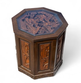 Ornate Carved & Paneled Asian Octagon Table