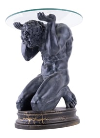 Glass Top Table w/ Figural Base, Kneeling Man