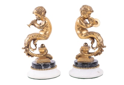 Pair of Brass Musical Putti Figures on Marble