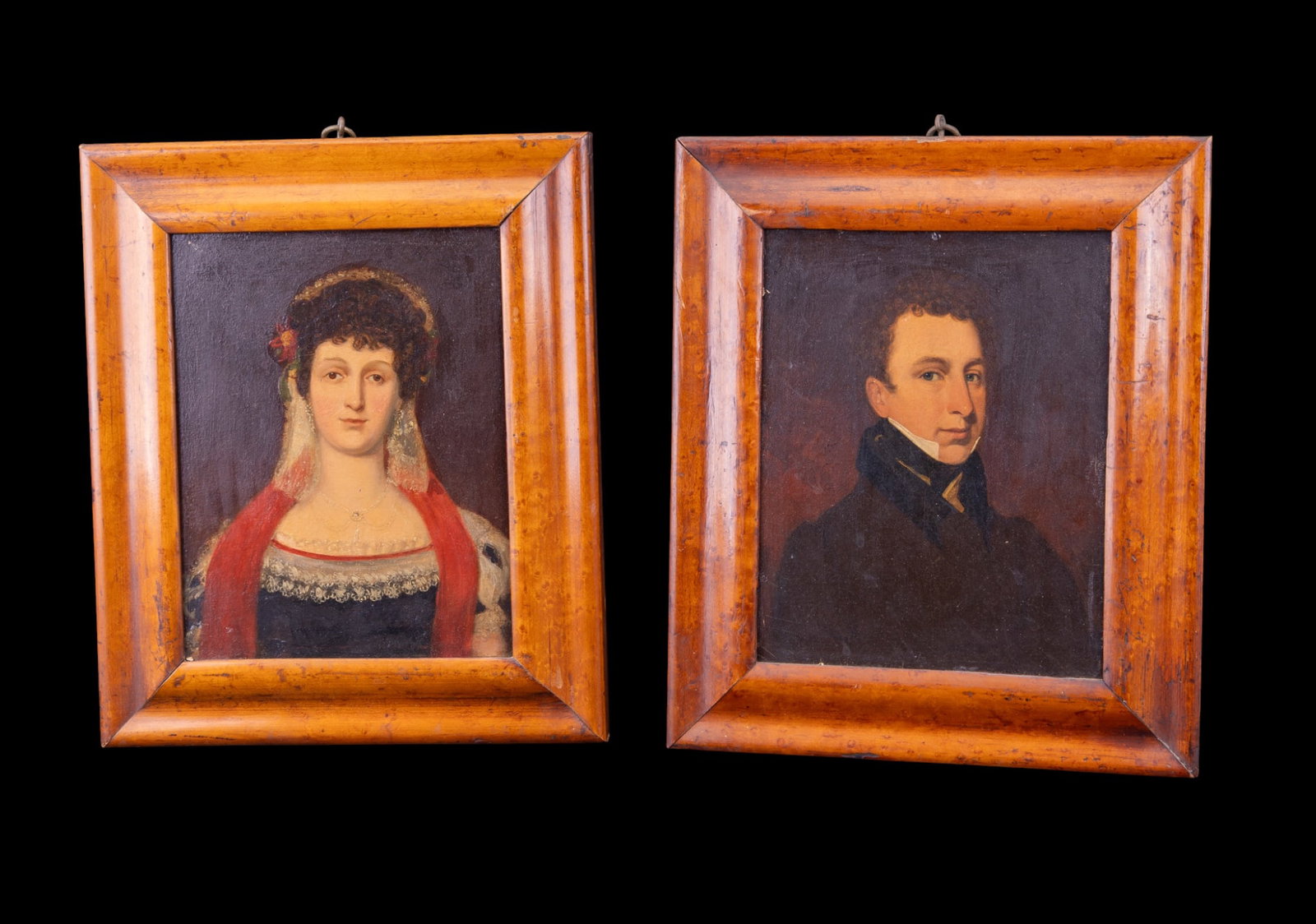 19C Portrait Paintings (Pair, with Provenance): Pair of early 19th century oil on board portrait paintings depicting a gentleman and a lady, each houses in period wood frames. Both paintings retain handwritten provenance labels on verso. Each measu