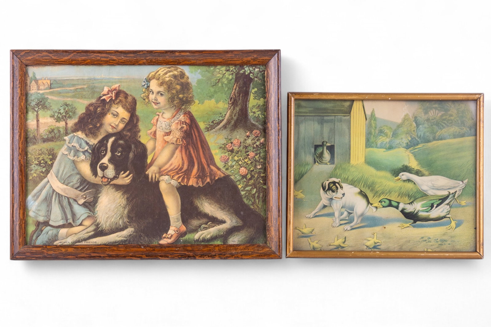 2 Chromolithographs w/ "Rover and His Friends": 2 first half 20th century chromolithographs, one depicting a dog being chased away by ducks, the other showcasing 2 girls with a canine companion titled Rover and His Friends, No. 707. Larger piece me