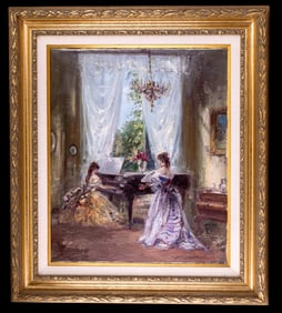 Signed Oil Painting, Piano Scene