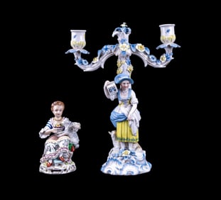 Sitzendorf Candlestick & Porcelain Statuette