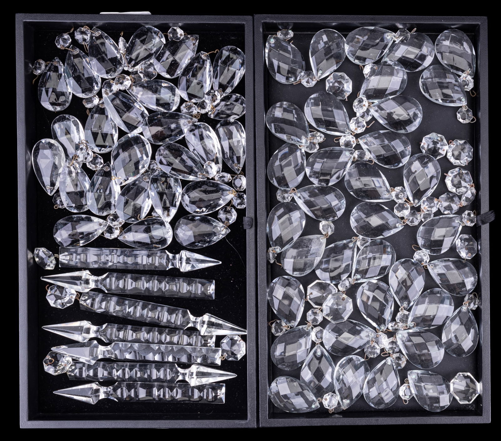 Cut Crystal Chandelier Pendalogues: An assortment of cut crystal chandelier pendalogues, longest measures approx. 6".