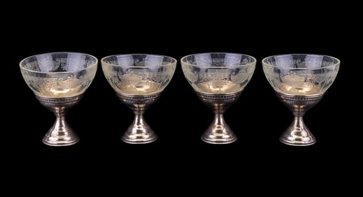 Sterling Silver and Etched Glass Ice Cream Cups