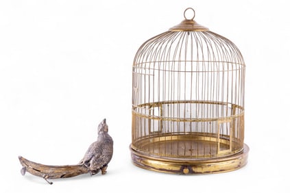 Brass Birdcage and Bird Statuette