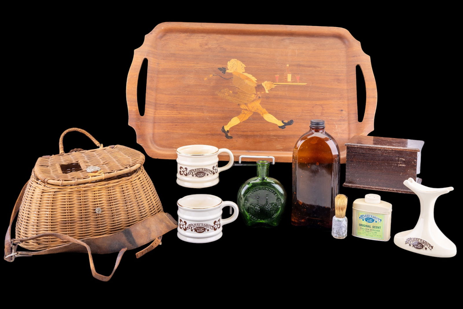 Wicker Fly Fishing Basket, Vintage Shaving, Glass (1 of 18)