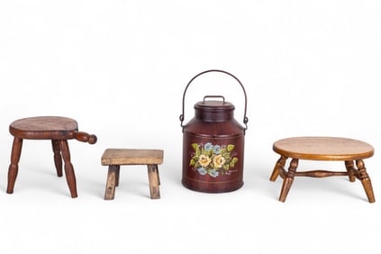 3 Antique Milk Stools & Iron Milk Can