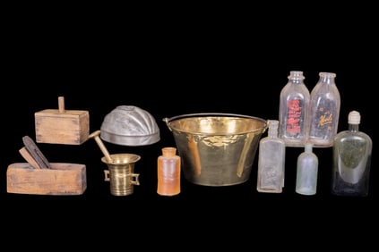 19C Bucket, Mortar & Pestle, Milk Bottles