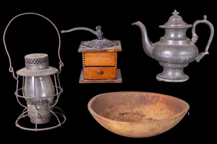 19th C Grinder, Carved Bowl, Teapot, Lantern