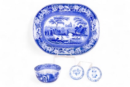 19th C Blue Transferware Platter, Bowls