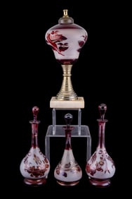 Etched Bohemian Ruby Glass Decanters & Oil Lamp