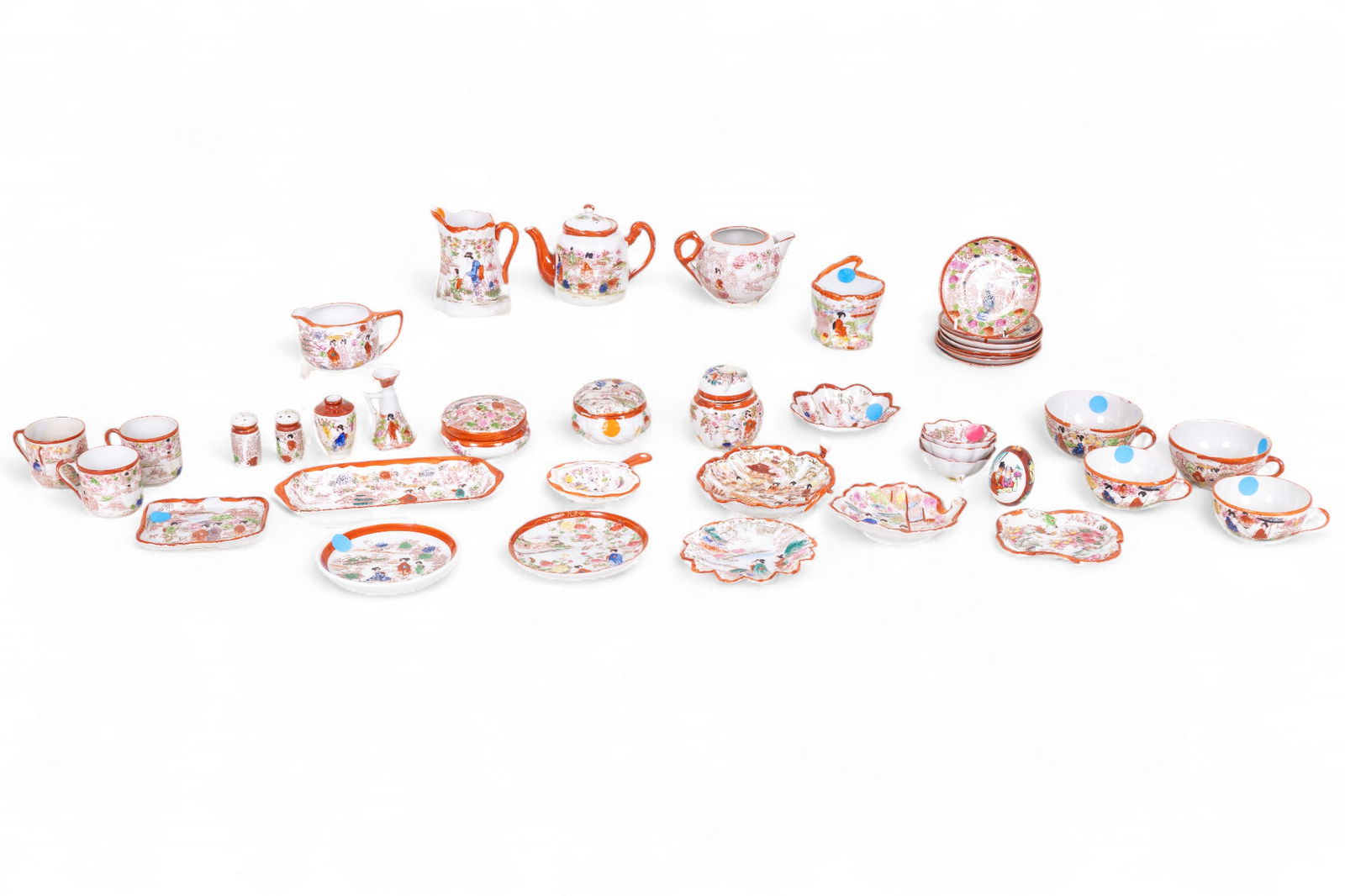 20th C Japanese Kutani Porcelain (41 pcs): A collection of 41 pieces of early-mid 20th C Japanese Kutani porcelain featuring coffee and tea cups, tea pots, salt and pepper shakers, creamers, jars, saucers, and more.