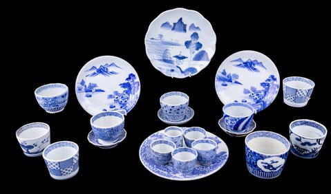 19/20th C Imari Blue and White Tea Cups and Plates