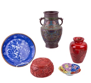Chinese & Japanese Cinnabar, Cloisonne, Porcelain