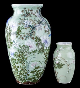 19th C Meiji Era Celadon Porcelain Vases