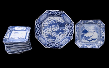 19th C Blue & White Imari Porcelain Square Plates