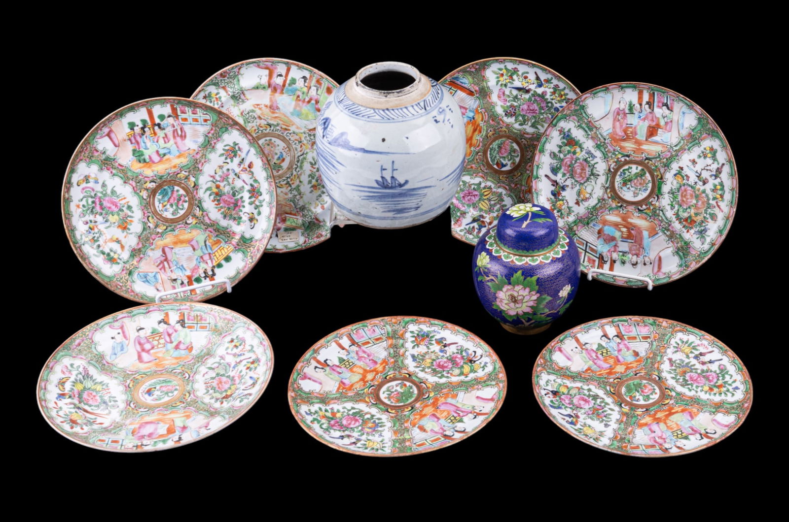 Chinese Rose Medallion Plates and Ginger Jars: A collection of seven Chinese porcelain Rose Medallion plates, diameters measure approx. between 9" and 9.5", small cloisonne blue ground ginger jar, measures approx. 6" H, and a blue and white glaze