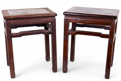 Japanese Hardwood Marble Top Tables, 19th C Pair