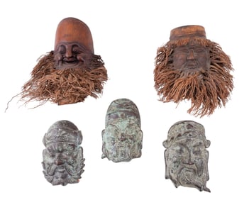 Cast Bronze and Wooden Wall Masks