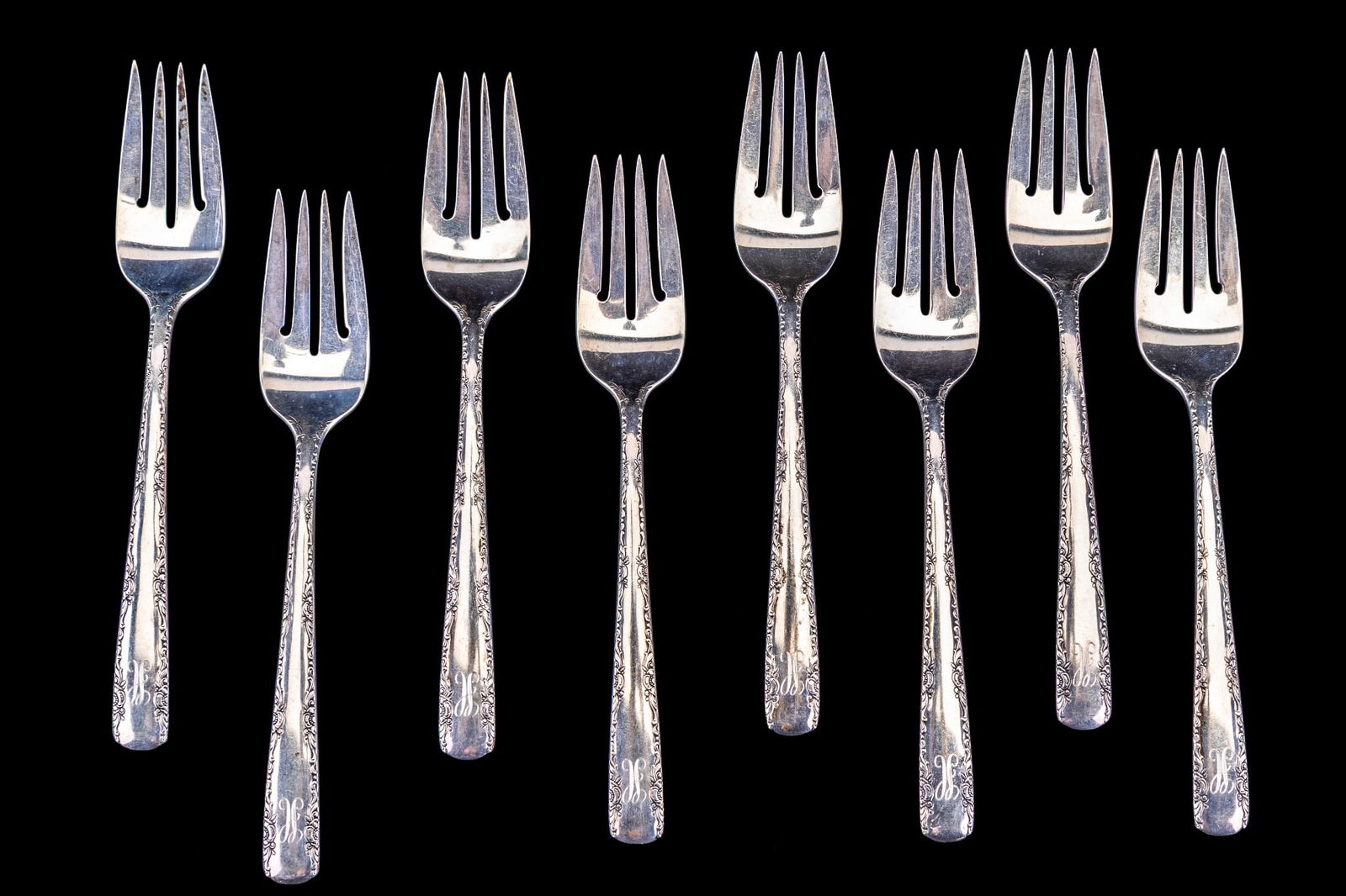 Gorham Camellia Sterling Silver Dinner Forks: 8 Gorham Camellia sterling silver salad forks, each piece marked "Gorham Sterling" and "Camellia". Total weight is approx. 333 grams.