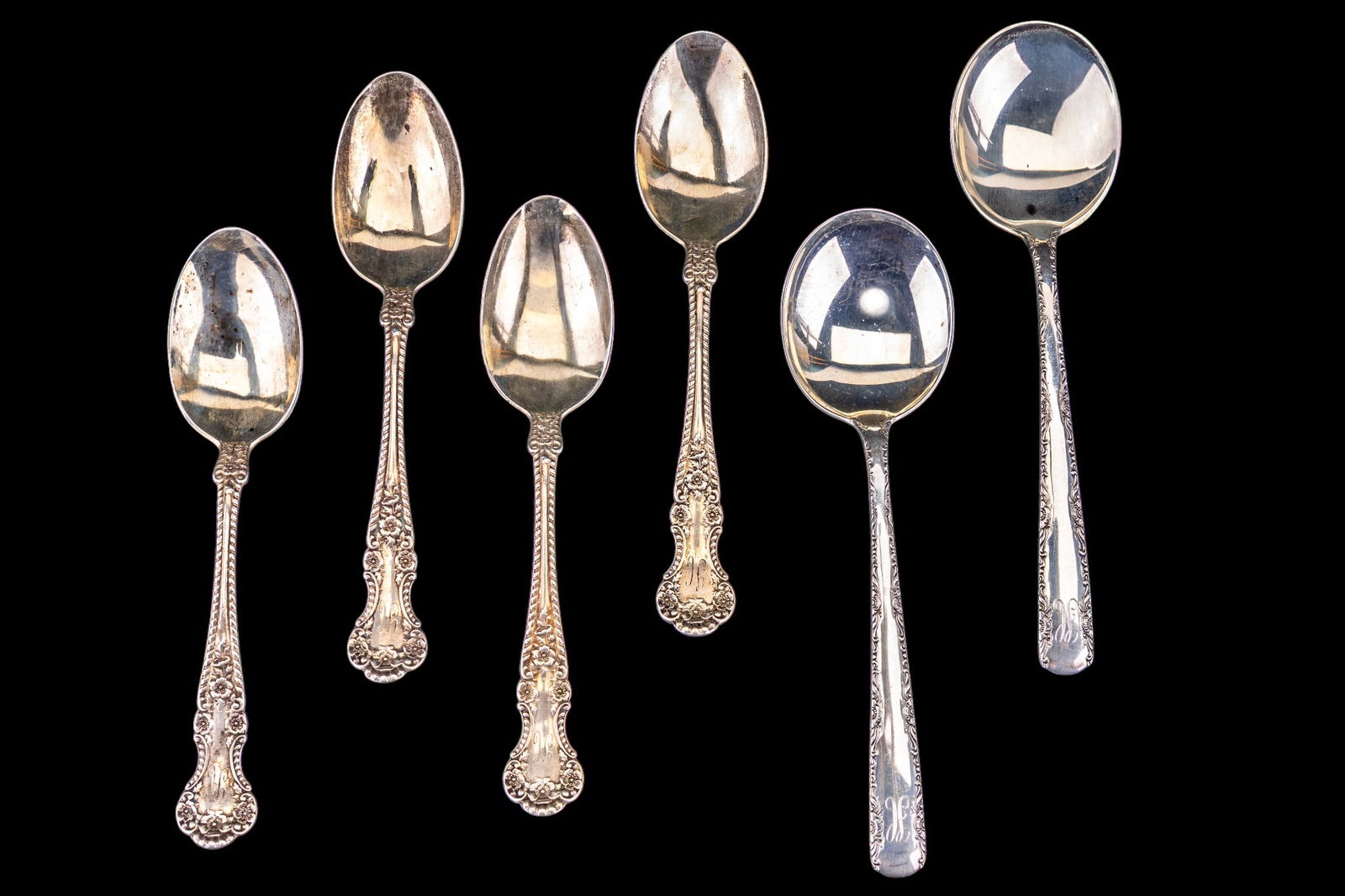 Gorham Camellia Sterling Soup Spoons: A pair of Gorham Camellia sterling soup spoons, each marked "Gorham Sterling" and "Camellia". Also included are 4 sterling silver teaspoons marked "sterling". Total weight is approx. 167 grams.