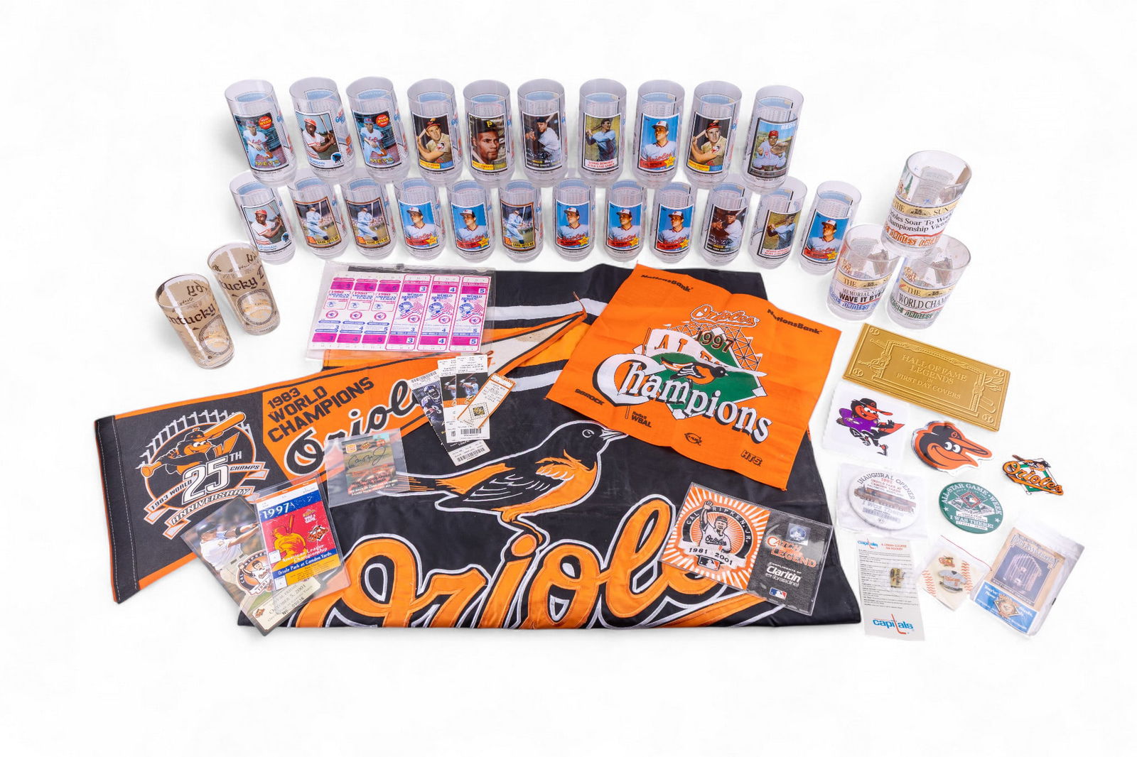 MLB and Baltimore Orioles Collectibles: A collection of 25 vintage McDonalds issued MLB player and Baltimore Orioles drinking glasses, 2 Kentucky Derby 1974 hi-ball glasses, Cal Ripken Jr. Height measurement promotional posters, measuring a