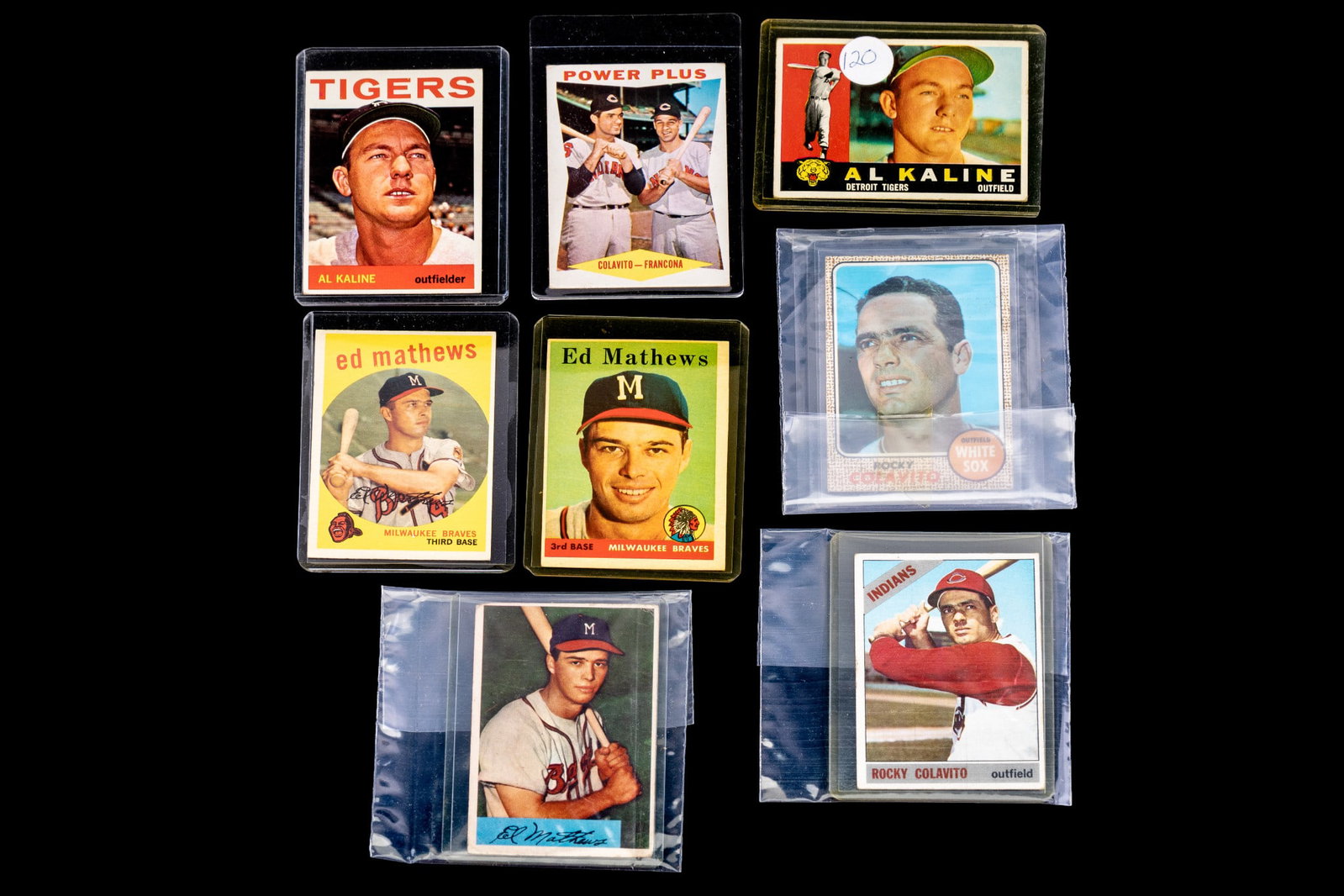 Vintage Topps MLB Player Trading Cards: A collection of vintage Topps MLB player trading cards featuring Ed Mathews, Rocky Colavito, and Al Kaline.