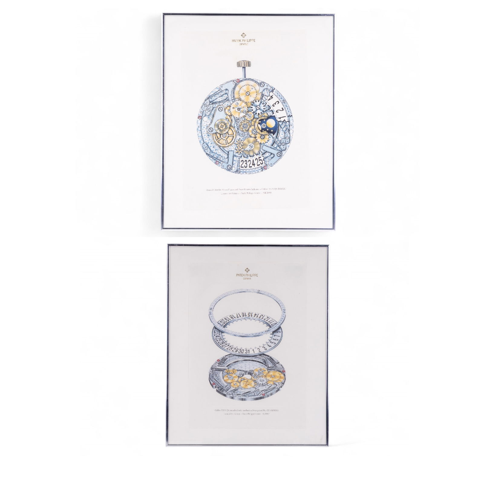 Pair of Ltd Ed Patek Philippe Calibre 315 Prints: Official Pair of Limited edition Patek Philippe Calibre 315 S QA IRM LU watch and movement dated X11/1998 & II/1997. Frames measuring 16 x 21 inches.