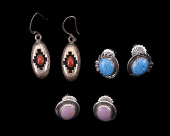 Sterling Navajo Signed Earrings w/ Coral Stones