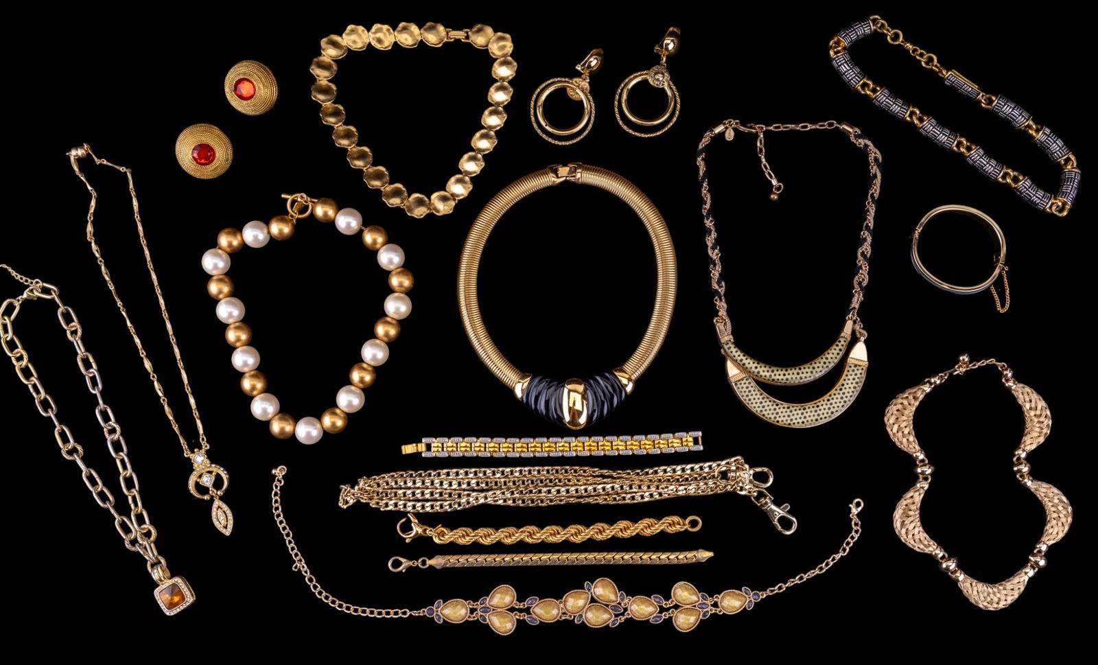 Gold Tone Designer Costume Jewelry: A collection of gold tone designer costume jewelry featuring brands such as Napier, Chico's, Anne Klein, Bijoux Terner, and others.