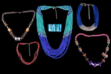 Glass Micro Bead and Wooden Bead Necklaces