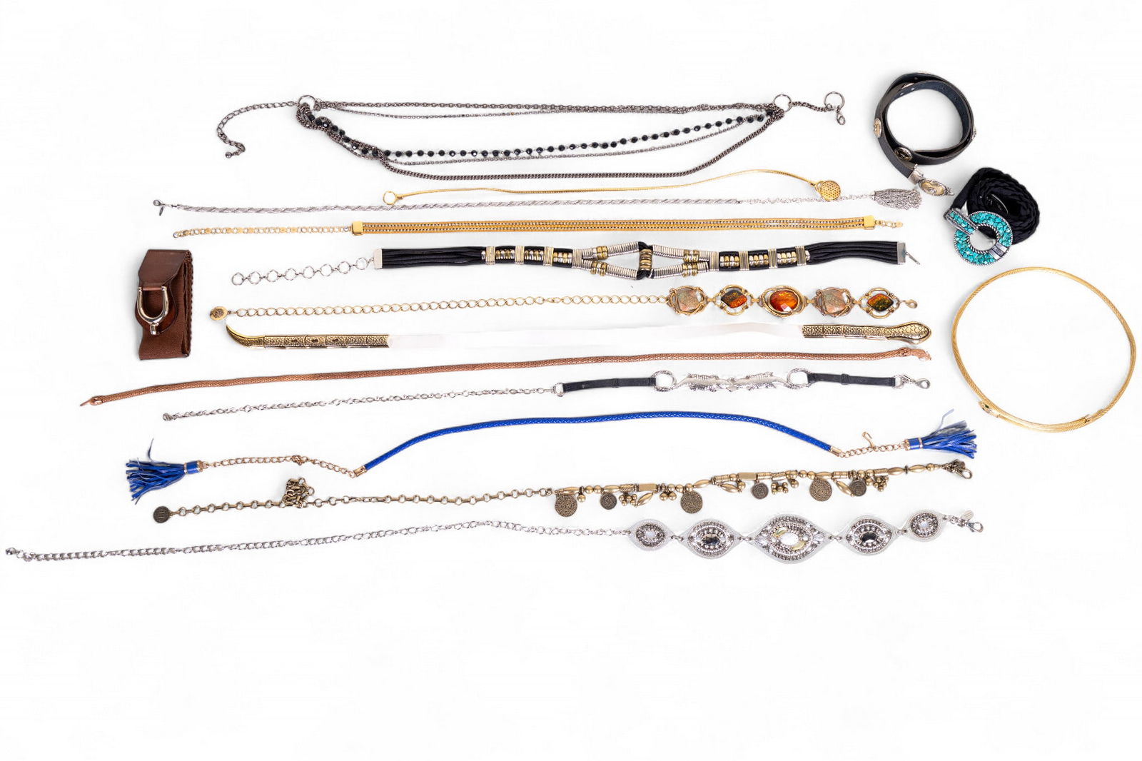 Fashion Accent Belts: A collection of 15 fashion accent belts including a copper colored snake belt with clear rhinestone eyes, a gold tone snake belt with green rhinestone eyes, gold tone metal mesh with rhinestones, bead