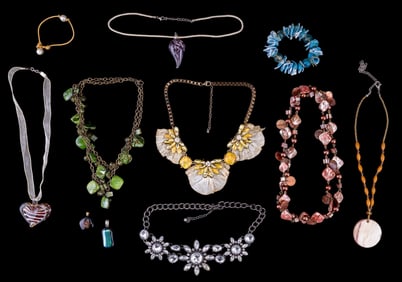Shell, Rhinestone, and Blown Glass Necklaces