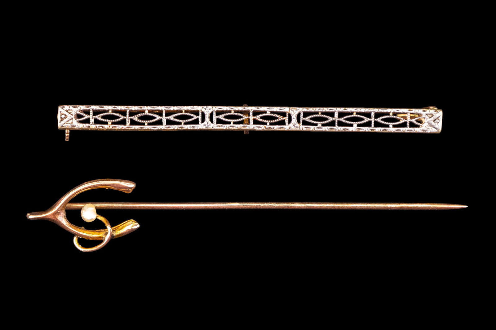 10K Gold Victorian Bar Pin & Wishbone Stickpin (1 of 7)