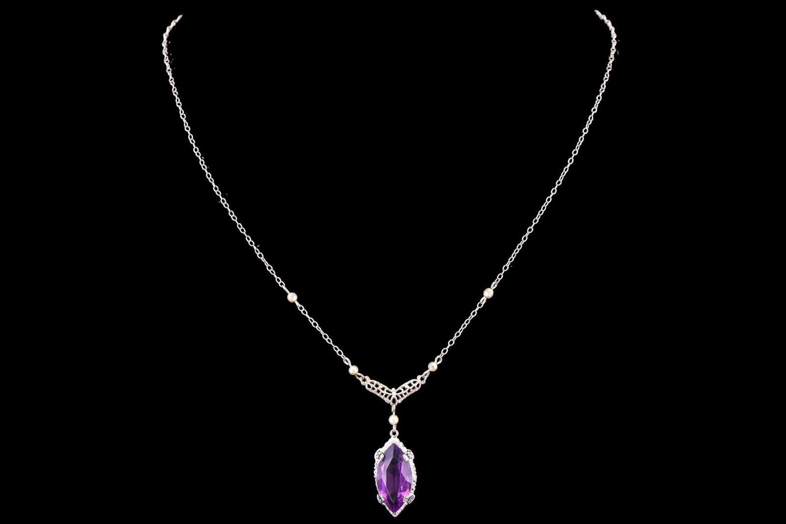 15k Victorian White Gold Necklace: Victorian 14k white gold necklace. Chain weighing approx. 1.4 grams. Total weight with pendant weighing approx. 3 grams. Drop measures approx. 9" including pendant.