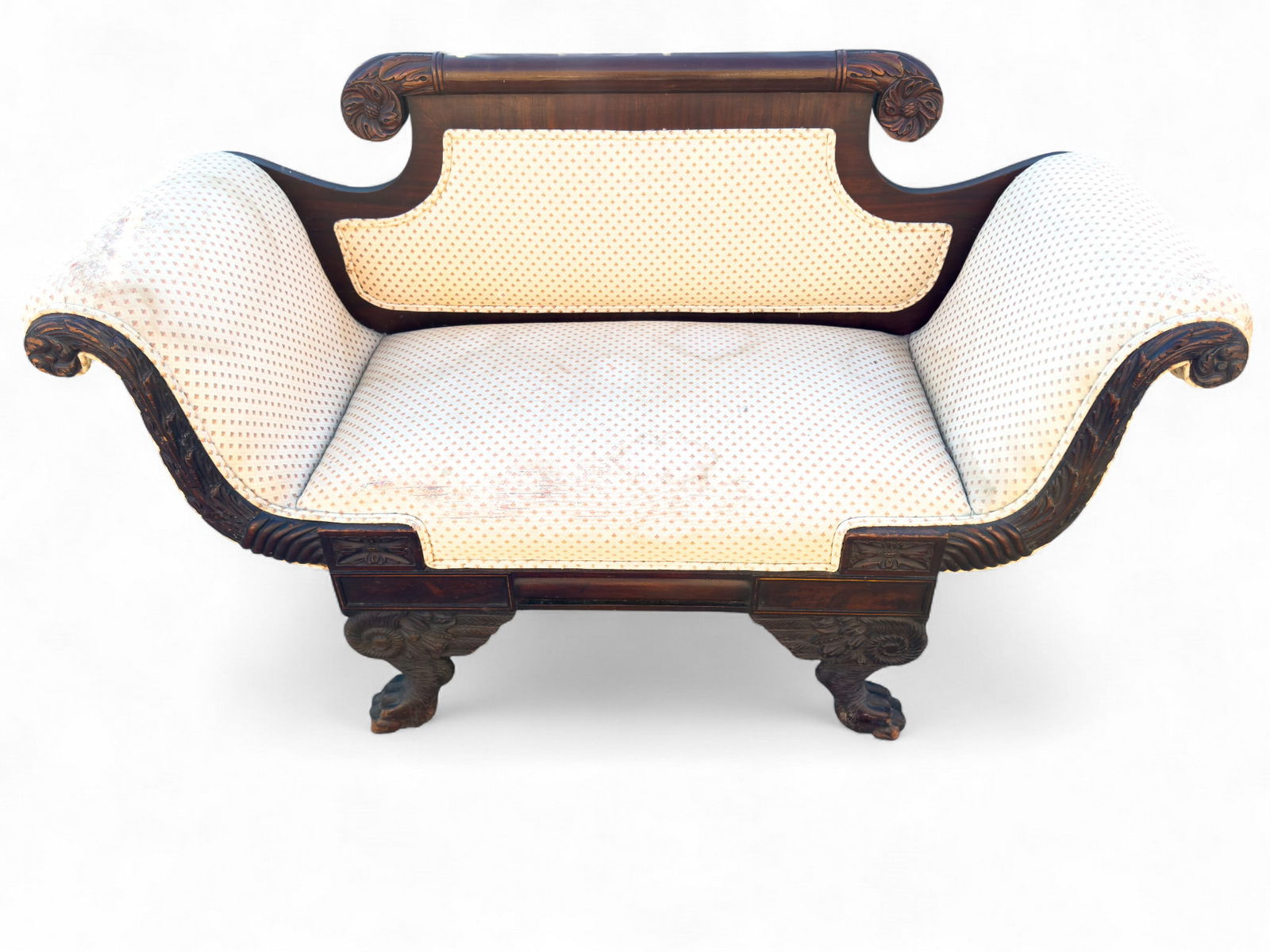 Victorian Settee: Victorian settee with griffin feet. Measures approx. 32" H x 17" seat height, 53" W x 23" D.