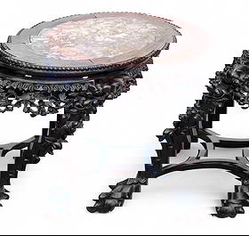 Carved Rosewood Marble Top Stand ~18" H: Rosewood planter stand with marble top. Measures approx. 18" H x 18" Diameter.