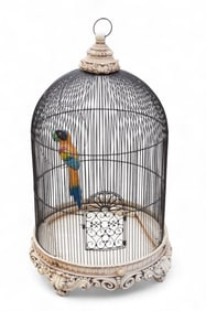 Carved Decorative Large Bird Cage w/ Faux Parrot