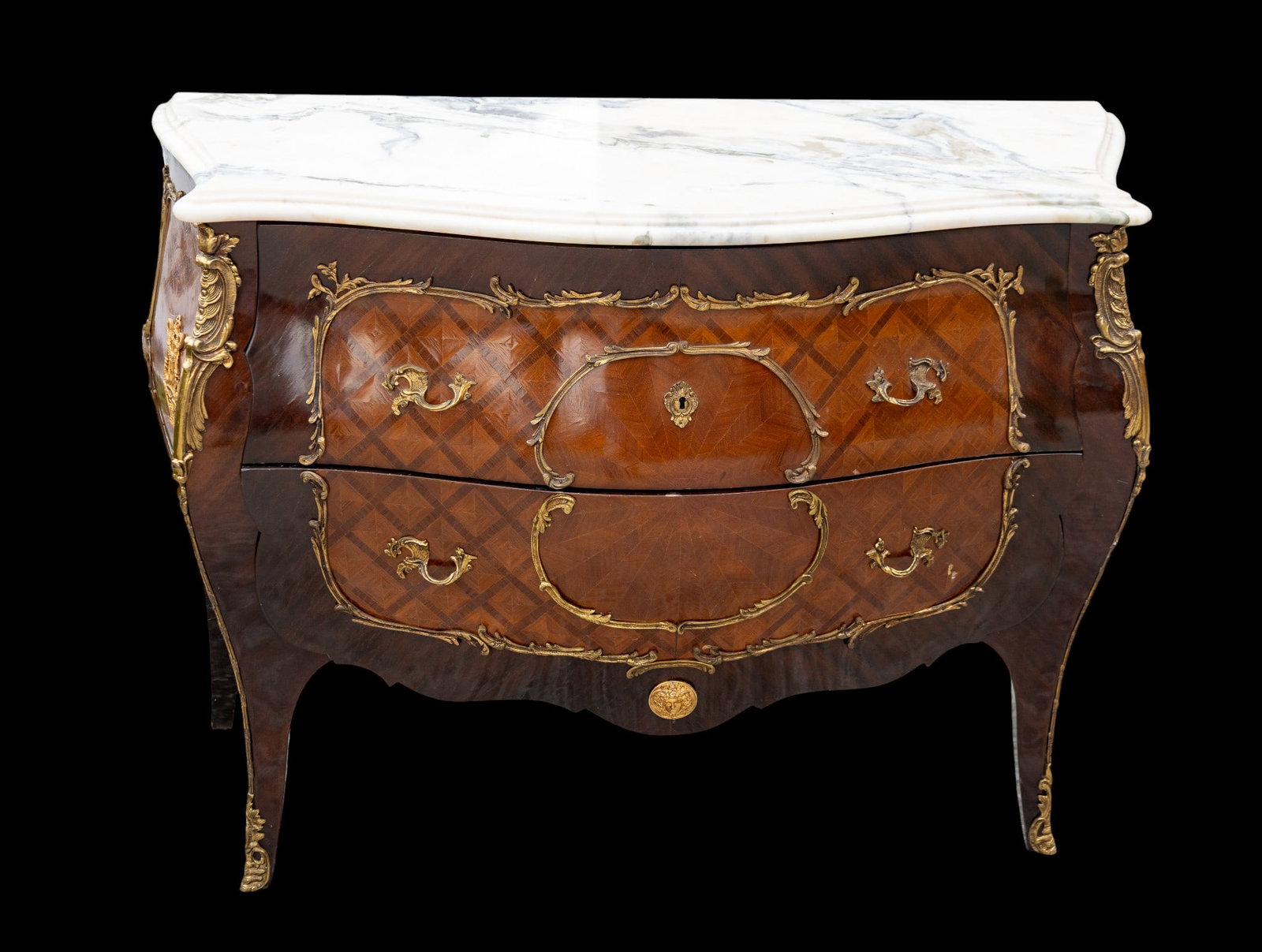 Antique French Louis XV-Style 2 Drawer Dresser: Antique French Louis XV-style 2 drawer dresser with marble top. Measures approx. 35" H x 46" W x 21" D. Some damage to leg and top.