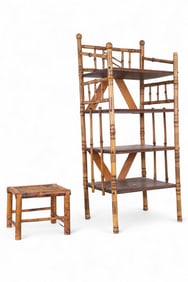 Antique Bamboo and Oak Bookshelf, Bamboo Stool