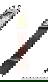 Isaac Reade Mahogany Tall Case Clock: Longcase clock by Isaac Reade, Stratford, feautring an arched painte dial with moon phas and subsidiarry seconds, inscribed "Isaac Reade, Stratford". Includes pendulumn and weights. Measures approx. 1