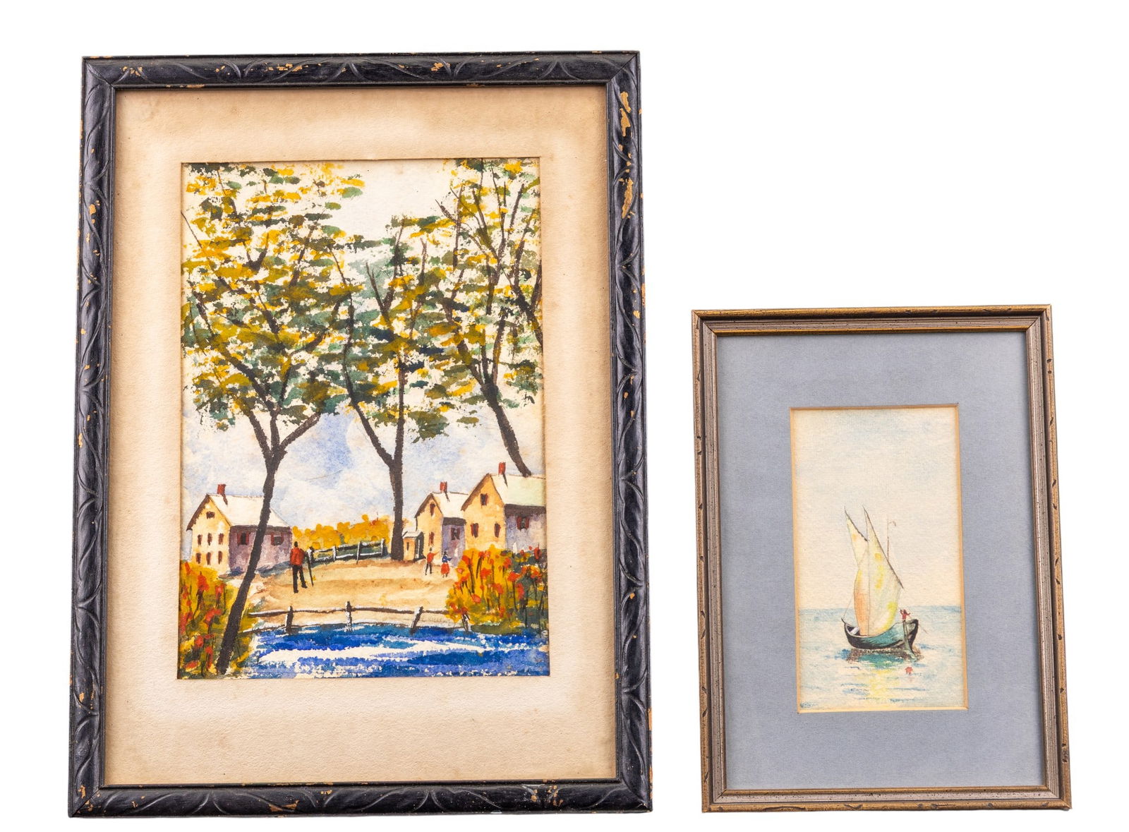 Watercolor Paintings w/ Sailboat, Landscape: Two framed watercolor paintings including a framed and matted small watercolor on painting on paper depicting a small sailboat, measures approx. 7.5" W x 10.5" H, and a framed watercolor depicting peo